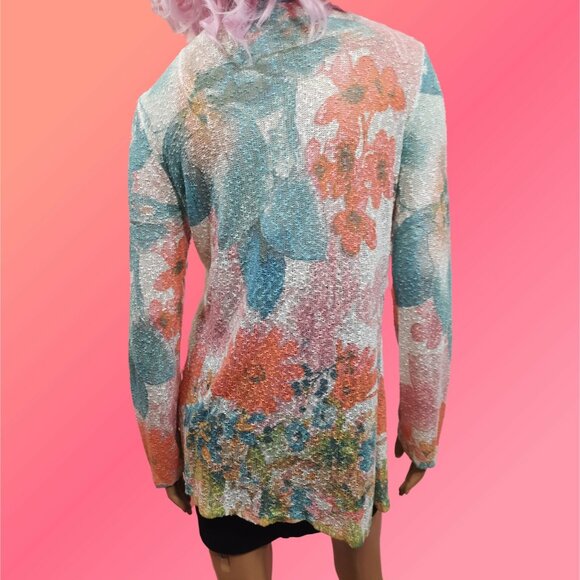 Y2K Sheer Long Textured Knit Cardigan Size M Fairycore Floral Turquoise Coral - Picture 6 of 6